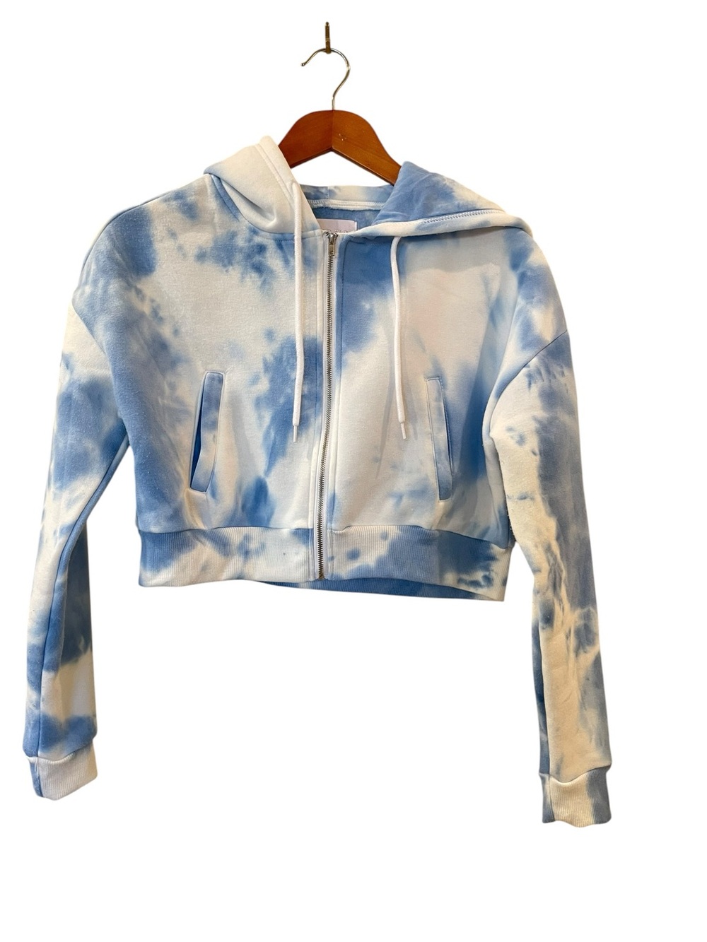 Refuge Athletics Womens Blue & White Tie Dye Cropped Zip Hoodie Sweatshirt Small